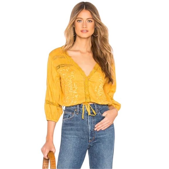 Free People Follow Your Heart Golden Yellow Embroidered Crop Top Size Small - Picture 1 of 12